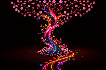 Neon glowing outlined illustration of colorful flower.