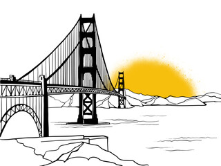Golden Gate Bridge. San Francisco, USA. Hand drawn line sketch. Ink drawing. Black and white vector illustration on white. - 601579087