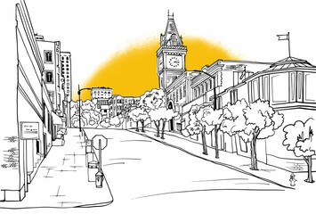 Urban landscape. Nice street of the San Francisco. California, USA, Hand drawn style. Urban sketch. Line art. Ink drawing. Black and white Vector illustration on yellow background. For postcards.