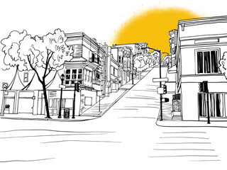 Nice old street in San Francisco, California, USA. Urban landscape. Sketch style. Hand drawn illustration on yellow. Vector background.