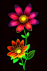 Neon glowing outlined illustration of colorful flower.