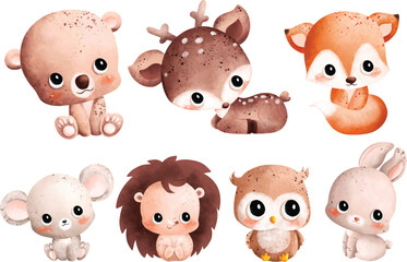 Watercolor Illustration set of Cute Woodland Baby animals
