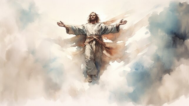 Jesus Christ Son of God in glory in heaven. Watercolor Generative AI.