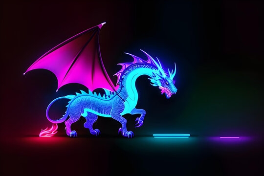 Neon glowing outlined illustration of colorful dragon