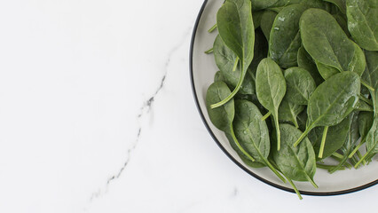 Fresh baby raw spinach on a plate. Copy space. Healthy eating.