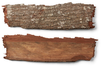 outermost layer of tree trunk, reddish brown hardwood tree bark isolated, both sides of rough,...