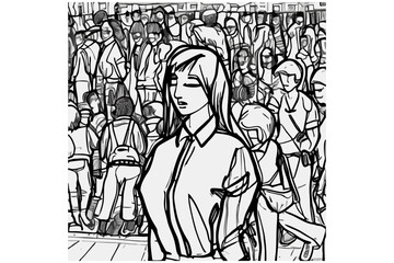 sketch of a woman in the middle of a crowd