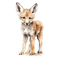 Fototapeta premium Baby Coyote watercolor with ink outline on white background, high detailed (generative AI)