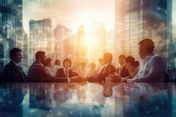 A successful business deal is represented through a double exposure of people in a conference meeting and a city building. (Generative AI)