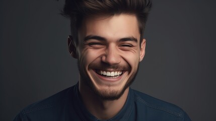 Fototapeta premium Close up portrait of a smiling young man on a gray background.Generative Ai