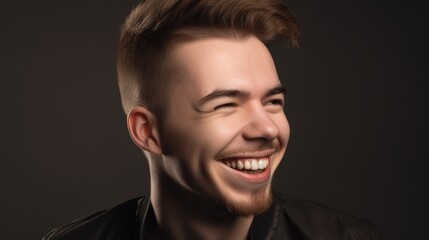 Obraz premium Close up portrait of a smiling young man on a gray background.Generative Ai
