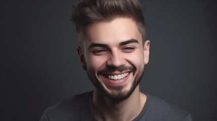 Close up portrait of a smiling young man on a gray background.Generative Ai
