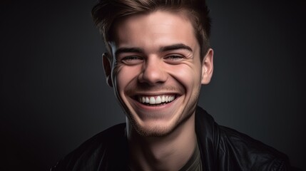 Obraz premium Close up portrait of a smiling young man on a gray background.Generative Ai