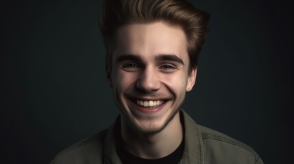 Fototapeta premium Close up portrait of a smiling young man on a gray background.Generative Ai