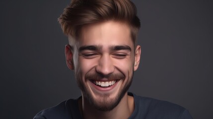 Fototapeta premium Close up portrait of a smiling young man on a gray background.Generative Ai
