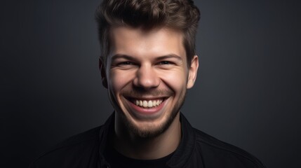 Obraz premium Close up portrait of a smiling young man on a gray background.Generative Ai