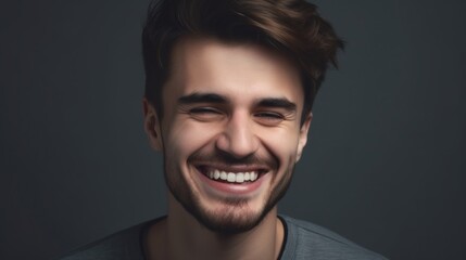 Obraz premium Close up portrait of a smiling young man on a gray background.Generative Ai