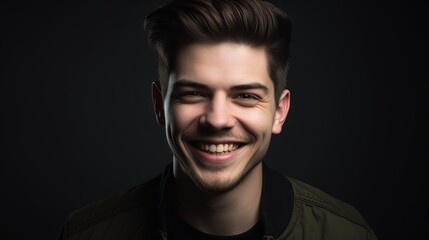 Close up portrait of a smiling young man on a gray background.Generative Ai