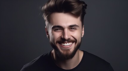 Close up portrait of a smiling young man on a gray background.Generative Ai