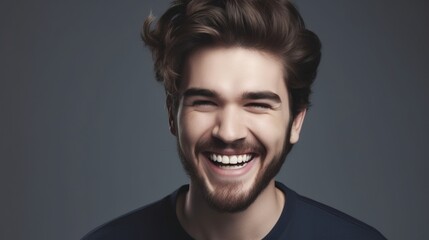Obraz premium Close up portrait of a smiling young man on a gray background.Generative Ai