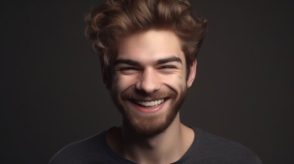 Obraz premium Close up portrait of a smiling young man on a gray background.Generative Ai
