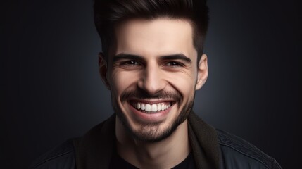 Fototapeta premium Close up portrait of a smiling young man on a gray background.Generative Ai