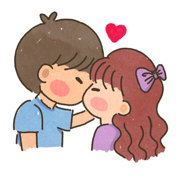 cute cartoon drawing, kiss, love, happy
