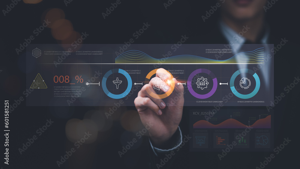 Poster Businessman reading graph report and business statistics charts ,Analysis and improvement of corporate strategy ,manage financial and marketing documents , Statistics and Data Concepts ,growth graph