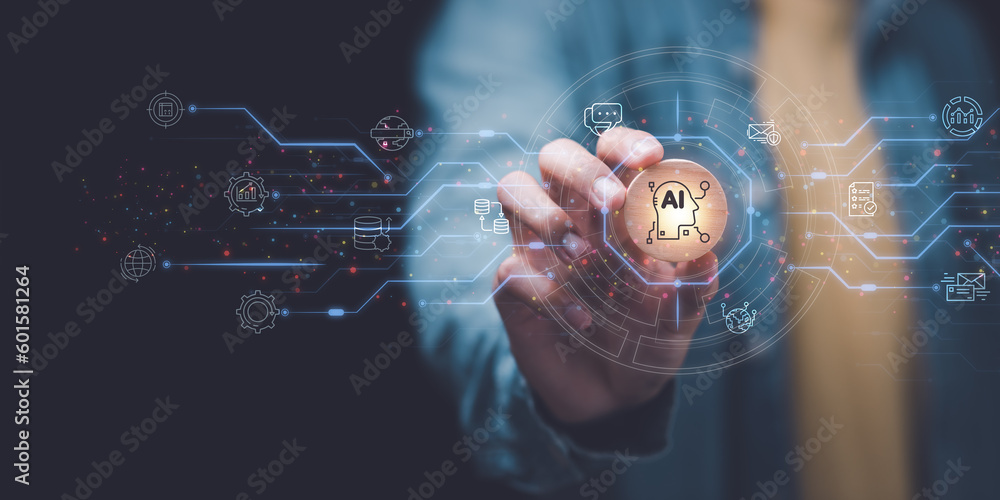 Poster businessman showing concept, connection,innovation development and artifacts too artificial intellig