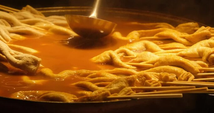 close up cooking Fish Cake Skewer Oden in soup, traditional Korean snack food. slow motion 