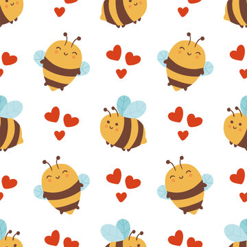 Funny bees and hearts seamless pattern. Vector naive characters in scandinavian hand-drawn cartoon style. Ideal for childrens textiles, clothing, wallpaper.