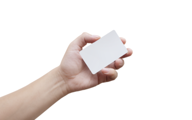 man holding a credit card/business card in his hands on a transparent background png