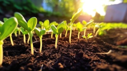 Fresh green sprouts in spring on the field, soft focus. Generative AI.