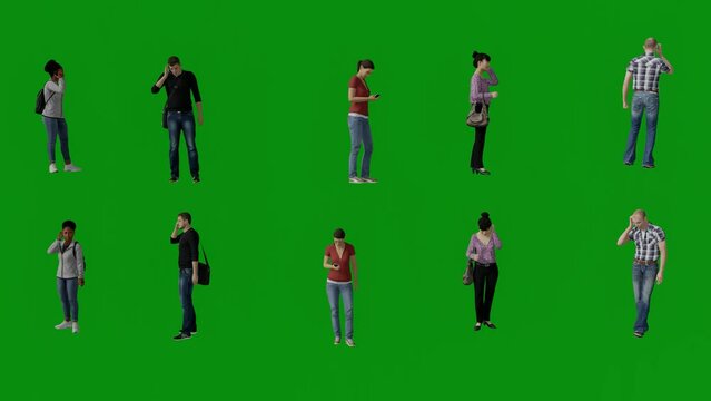 Several Different Men And Women With Mobile Phones On Green Screen Talking And Walking And Working In Multiple Views In The Background