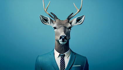Deer head on solid color formal suit with pant. solid color background. Ai generated image