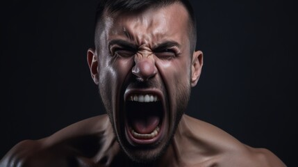 Fototapeta premium Close-up portrait of a Muscular man shouting on dark background.Generative Ai