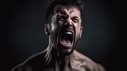Close-up portrait of a Muscular man shouting on dark background.Generative Ai