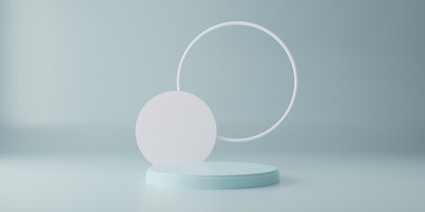 Pure mockup geometric studio for product presentation, Empty podium or pedestal display on blue background with circle ring and success concept.  3d rendering