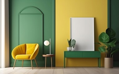 Green living room interior with one yellow armchair and white mockup frame on the wall created with Generative AI technology
