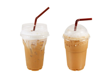 Iced cappuccino coffee on plastic glass cup isolated white background with clipping path included