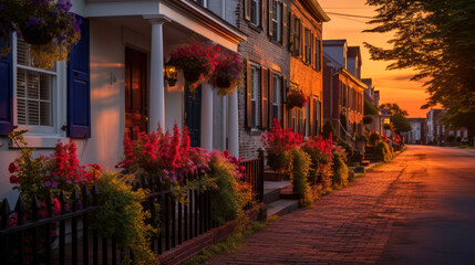Fototapeta premium Small town during a stunning sunset. Generative AI