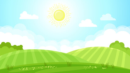 Obraz premium Vector background. Summer landscape with green field and sun in blue sky
