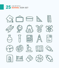 Set of School Icon Line Art Style. Bags, stationery, science, sports.