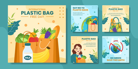 International Plastic Bag Free Day Social Media Post Flat Cartoon Hand Drawn Templates Background Illustration