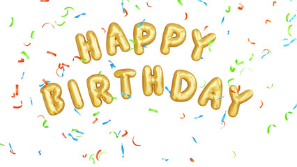 3d render a white background with the words happy birthday gold baloon
