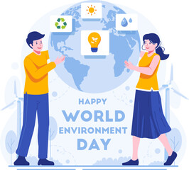 World Environment Day. Couple taking care of the globe earth. Save the planet, Save Energy. Earth Day concept. Vector illustration