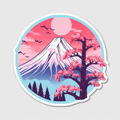 Japanese Mount Fuji with Cherry Blossom Illustration Sticker Design