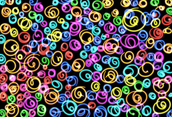 seamless pattern or doodle with circles, with colorful neon glow on a black background