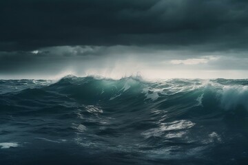 Ocean storm with giant waves, cloudy skies, and darkness. Generative AI