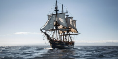 a large sailing ship in the middle of the ocean